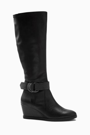Black Leather Strap Long Wedge Boots